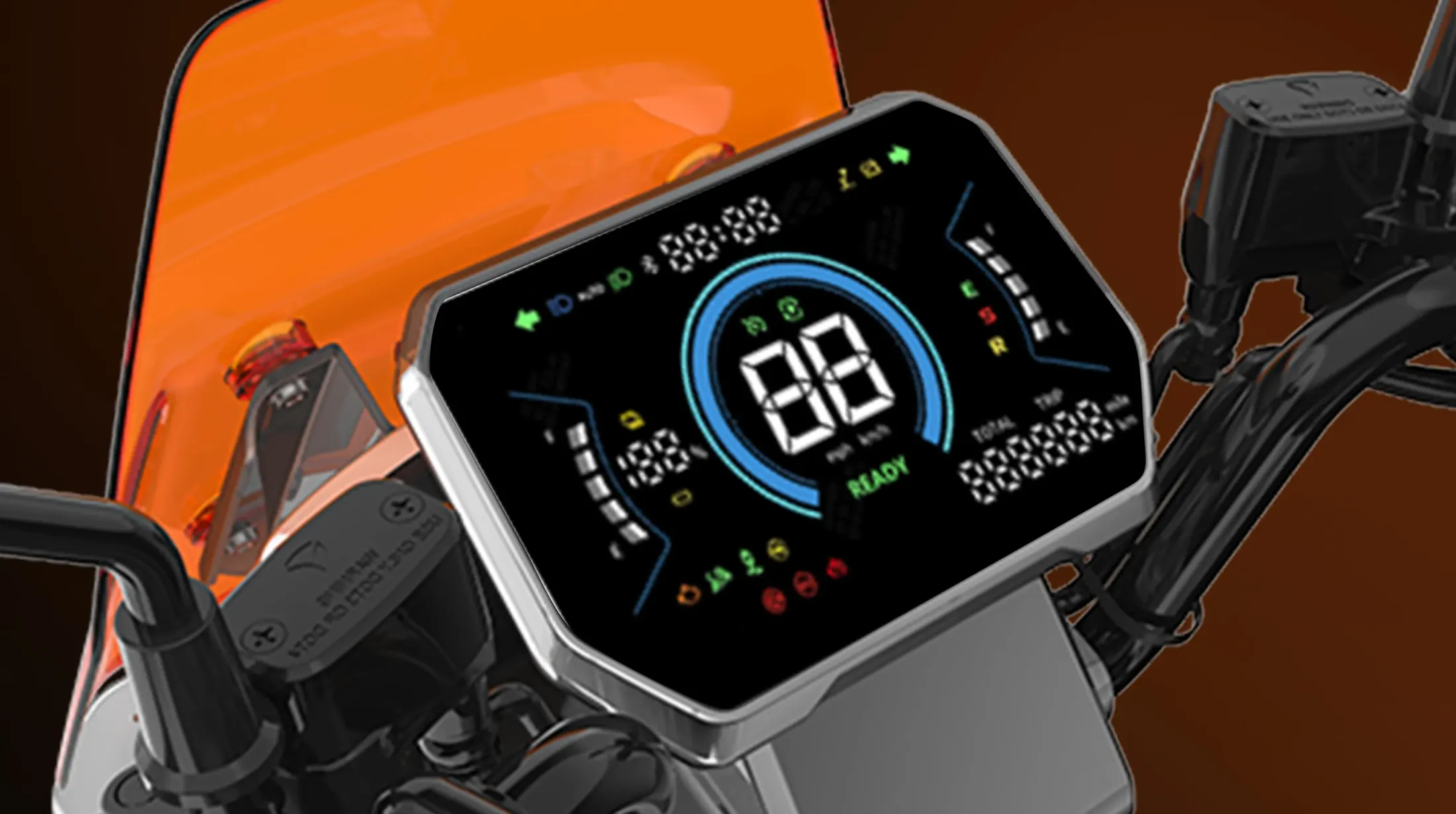 Tableau de bord numérique du GFX6 affichant la vitesse et l'état de la batterie