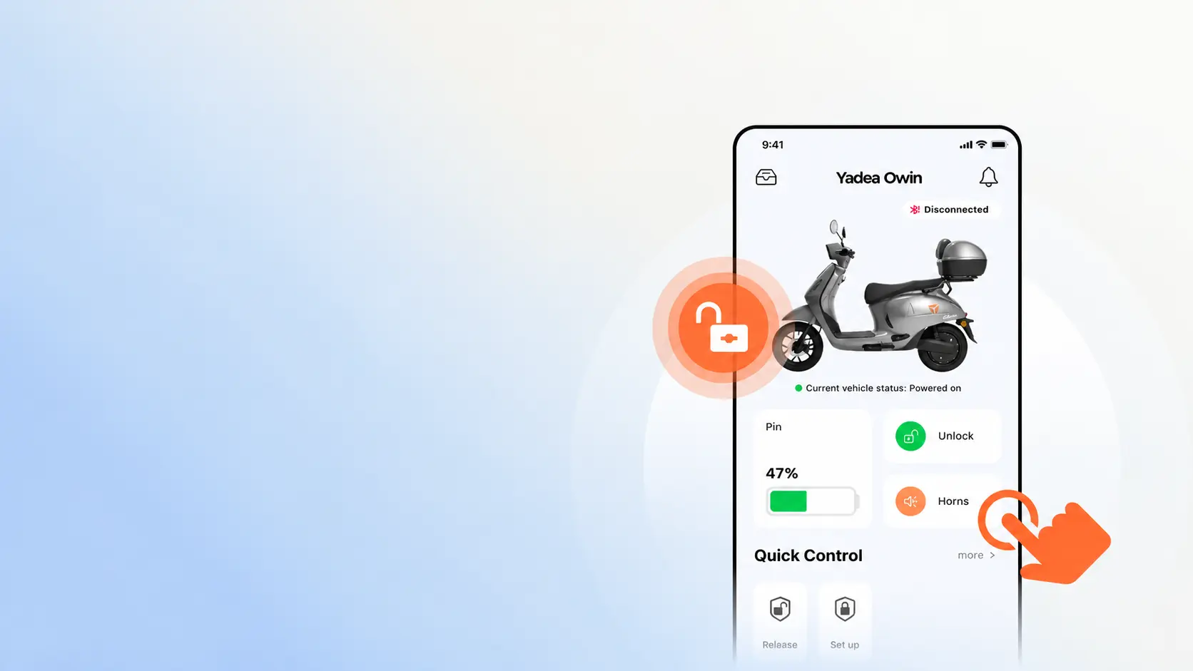 Téléphone affichant l'application Yadea Owin avec le bouton de déverrouillage et les commandes rapides